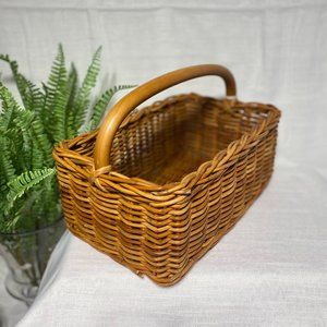 VINTAGE Natural Wicker Bamboo Handled Gathering Basket | Gardening Tool Basket